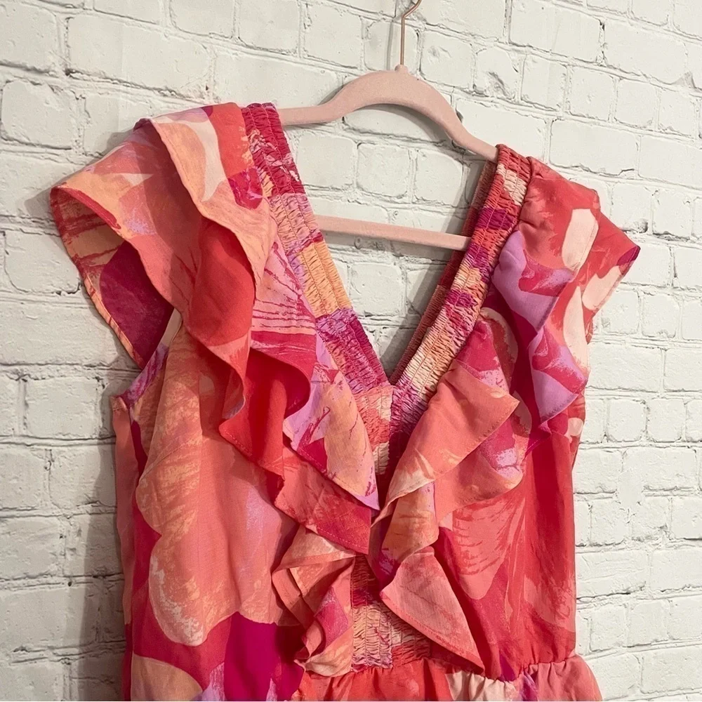 Pink Orange Purple Ruffle Summer Deep V- Neck Top Size Medium - Picture 4 of 7
